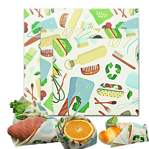 Beeswax Wraps for Food,3 Pack (S,M,L) Beeswax Wrap,Bees Wax Wraps Reusable,Plastic-Free Food Storage,Biodegradable,Alternative to Plastic Wrap for Sandwich Bread Cheese(Green Living Pattern)