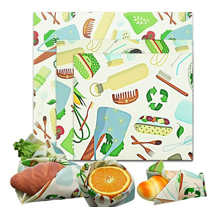 Beeswax Wraps for Food,3 Pack (S,M,L) Beeswax Wrap,Bees Wax Wraps Reusable,Plastic-Free Food Storage,Biodegradable,Alternative to Plastic Wrap for Sandwich Bread Cheese(Green Living Pattern)