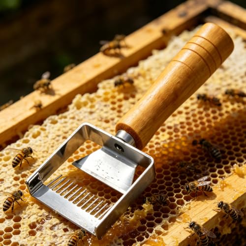 2 in 1 Honey Uncapping Fork & Scraper Tool (Multi Functional) | Stainless Steel Beekeeping Equipment, Wooden Handle, Adjustable Tine Spacing