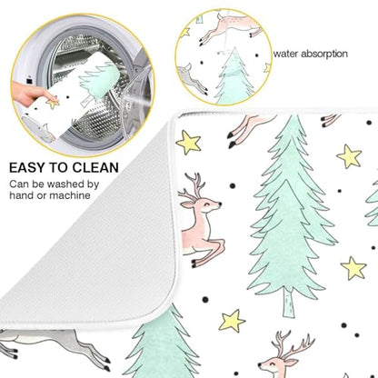 Winter Deer Tree Stars Dish Drying Mat for Kitchen Counter Super Absorbent Draining Mat with Non-slip Backed Coffee Mat for Dish Bottles Cups Bowl Sinks Countertops Draining Racks