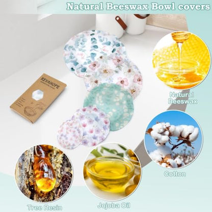 5Pcs Reusable Beeswax Elastic Bowl Covers for Bread Proofing and Food Cover | Cotton Cloth Flexible Beeswax Wraps for Sourdough Cover and Food Storage Shower Caps r Sourdough Bread Supplies Tools - color: Eucalyptus Leaves