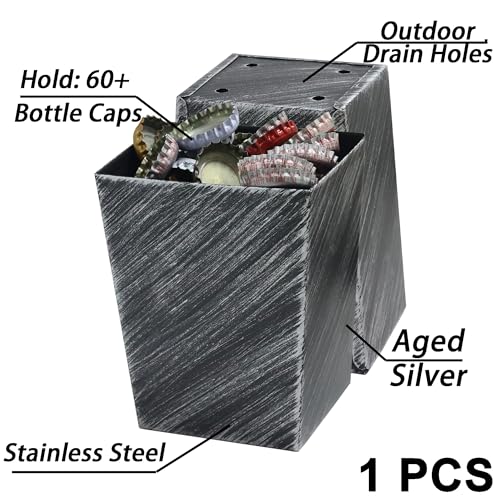 Old Fashioned Beer Bottle Cap Catcher Wall Mounted Narrow 3-1/2" Stainless Steel Screw in Soda Top Bucket with Drain Opening for Outdoor Post Cooler Cart - color: Aged Silver