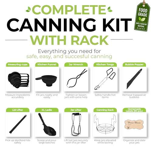 Supa Ant Complete Canning Supplies Starter Kit – 10pc Food-Grade Steel Set with XL Ladle, 6 Measuring Cups, Jar Lifter, Funnel, Canning Rack (7-Jar Capacity) & 90 Labels – Beginner-Friendly, Black - color: Black