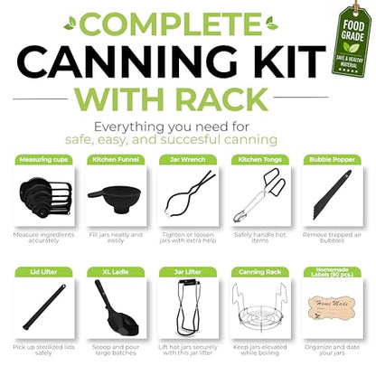 Supa Ant Complete Canning Supplies Starter Kit – 10pc Food-Grade Steel Set with XL Ladle, 6 Measuring Cups, Jar Lifter, Funnel, Canning Rack (7-Jar Capacity) & 90 Labels – Beginner-Friendly, Black - color: Black