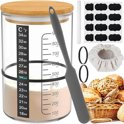 10Pcs Sourdough Starter Jar Kit 900ml Heat Resistant Sourdough Starter Container with Wooden Lid Spatula Reusable Wide Mouth Glass Sourdough Fermentation Jar for Sourdough Baking ZHAZHAMO