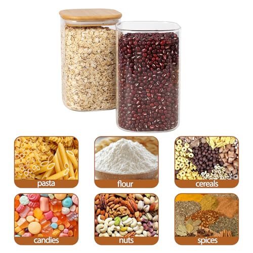 Moretoes 6 Pack 1.2qt Square Glass Storage Containers with Bamboo Press Lids, Airtight Pantry Storage Jars for Flour, Sugar, Dry Goods