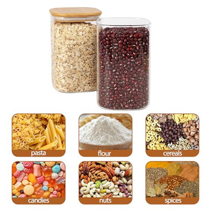 Moretoes 6 Pack 1.2qt Square Glass Storage Containers with Bamboo Press Lids, Airtight Pantry Storage Jars for Flour, Sugar, Dry Goods