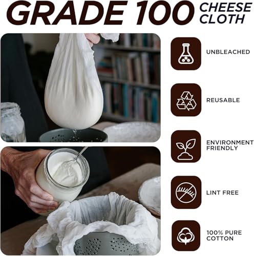 Cheese Cloths 100 Grade, 80X45 Inches- 24 Sq Feet Pure Cotton- 2.8 Sq Yard Reusable Fine Mesh Hemmed 2 Edges Muslin Cloth, Cheesecloth For Straining Cooking, Baking, Cheese Making, Sprouting, Steaming - size: 2.8 Sq Yards