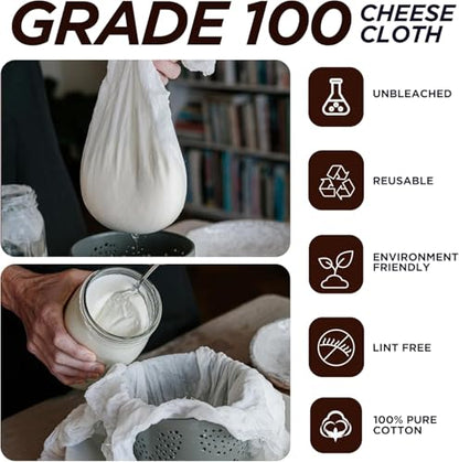 Cheese Cloths 100 Grade, 80X45 Inches- 24 Sq Feet Pure Cotton- 2.8 Sq Yard Reusable Fine Mesh Hemmed 2 Edges Muslin Cloth, Cheesecloth For Straining Cooking, Baking, Cheese Making, Sprouting, Steaming - size: 2.8 Sq Yards
