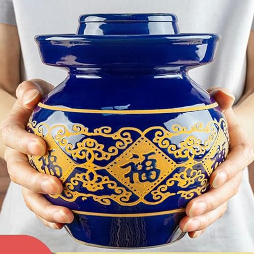 Blue Traditional Chinese Porcelain Pickle Jar,Ceramic Fermentation Crock Pickling Pot,Ceramic Fermenting Jar with Water Seal Airlock Lid Stoneware Fermenter 6kg*1