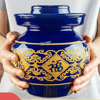 Blue Traditional Chinese Porcelain Pickle Jar,Ceramic Fermentation Crock Pickling Pot,Ceramic Fermenting Jar with Water Seal Airlock Lid Stoneware Fermenter 6kg*1
