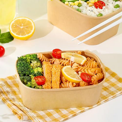 50 Pack Kraft Paper Food Container, 25 OZ Disposable Salad Bowls with Lids, Oil-Proof Rectangular Soup Bowls for Meal Prep Snack Takeout, Microwave Freezer Safe