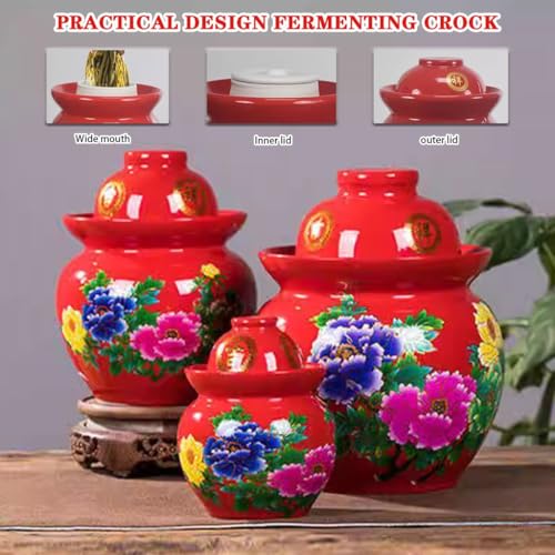 Chinese Style Flower Pattern Pickle Jar, Thickened Ceramic Fermentation Tank, Water Seal Design, Large Capacity Pickling Container(7kg/246.9oz) - size: 7kg/246.9oz