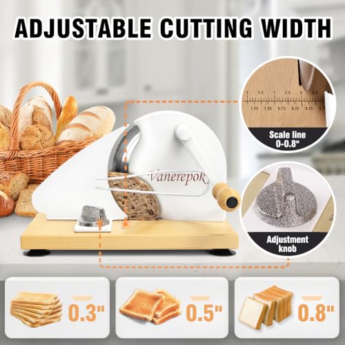vanerepok Manual Bread Slicer Adjustable Thickness for Homemade Sourdough | Hand Crank Bread Cutter with Scale & Stable Suction Cups & Wood Base for Even Slicing Perfect Baking Gift for Home Bakers - color: PureWhite