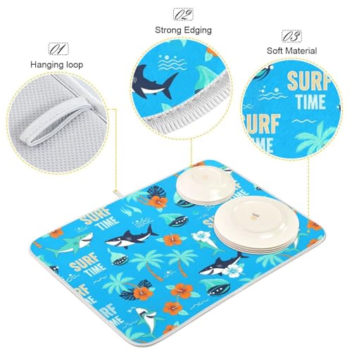 Shark Palm Trees Blue Dish Drying Mat for Kitchen Counter Super Absorbent Draining Mat with Non-slip Backed Sink Mats for Dish Bottles Cups Bowl Sinks Countertops Draining Racks