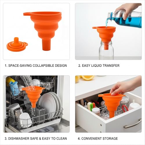 4 Pack Silicone Collapsible Kitchen Funnel for Water Beer Oil Filling Bottles ，Foldable Silicone Funnel Set – Collapsible Small & Large Funnels, Water Bottles & Liquid Transfer – Food Grade（Orange） - color: orange