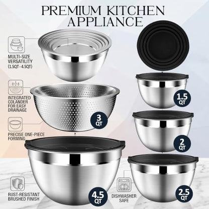 DUTZUN Mixing Bowls with Lids Set, Stainless Steel Mixing Bowls with Colander, Strainer with Mixing Bowl Set, Serving Bowl Kitchen Gift, Size 4.5, 2.5, 2, 1.5QT - Black - style: 9PCS Black