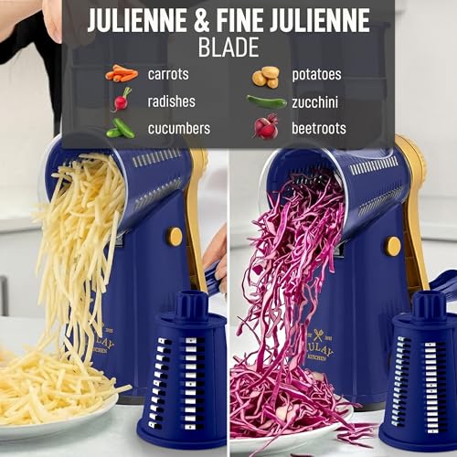 Zulay Kitchen Rotary Cheese Grater 5 Blade Cheese Shredder - Manual Hand Crank Cheese Grater With Reinforced Suction & 5 Interchangeable Drums - Easy to Use, Vegetable Chopper Round Mandoline Slicer - color: Blue and Gold