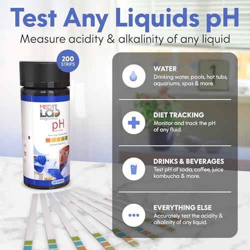 pH Test Strips - 200 Litmus Paper pH Test Strips for Urine and Saliva Level Testing (PHUNIV) - 0 to 14 Universal Plastic pH Strips Drinking Water, Kombucha, Pool, Spa, Hotub, Soap, & Urine and Saliva
