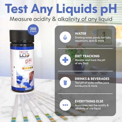 pH Test Strips - 200 Litmus Paper pH Test Strips for Urine and Saliva Level Testing (PHUNIV) - 0 to 14 Universal Plastic pH Strips Drinking Water, Kombucha, Pool, Spa, Hotub, Soap, & Urine and Saliva