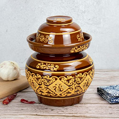 Brown Traditional Chinese Porcelain Pickle Jar, Thickened Ceramic Fermentation Crock Pickling Pot,Fermenting Jar with Water Seal Airlock Lid Stoneware Fermenter for 3KG - size: 3KG