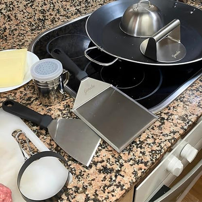 Gamalou® 7 Pcs Smash Burger Press Kit: Stainless Steel Burger Smasher, 6x5" Spatula, 4" Scraper, 2 Melting Domes, Seasoning Shaker, Egg Ring, Griddle Accessories for Blackstone, Grill, Frying Pan