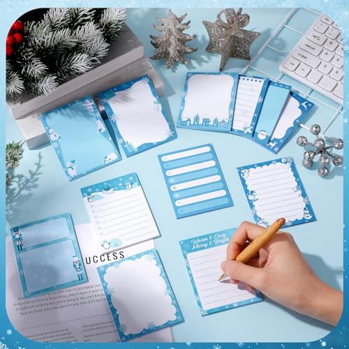 Chiisong 12 Pcs Christmas Sticky Notes Christmas Design Self Adhesive Note Pads Winter Snowflake Sticky Memo Blue Cartoon Snowman Penguin Notepad for Xmas Gift Office Home Supplies Present - style: Blue Christmas