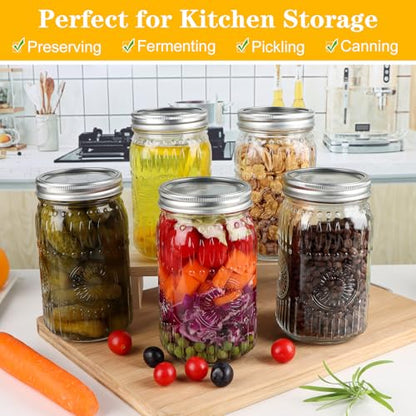 HINGWAH Wide Mouth Mason Jars 32 oz, 6 Pack Large Quart Mason Jars with Airtight Lids and Bands, Clear Glass Canning Jars for Preserving, Pickling, Fermenting, Meal Prep & DIY Crafts (Sunflower) - size: 32oz- 6pack
