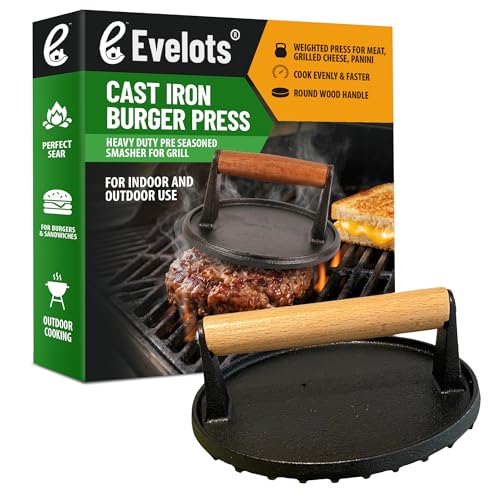 Evelots Cast Iron Burger Press - Heavy Duty Pre-Seasoned Burger Smasher for Grill - Weighted Press for Meat, Grilled Cheese, Panini - Cook Evenly & Faster - Round Wood Handle