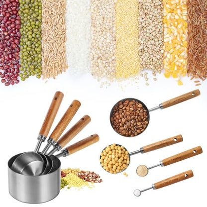 Measuring Cups and Spoons Set，Measuring Cup Set with Wooden Handle and Metric and US Measurements，Silver Polished Finish，for Cooking and Baking in The Kitchen (8 Piece) - color: Silver