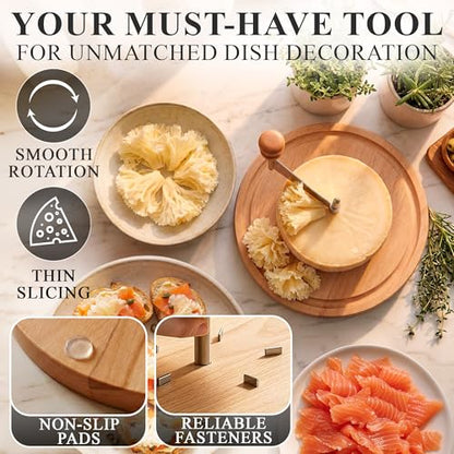 Cheese Curler for Making Rose-Shaped Cuts, Stainless Steel Blade | Manual Cheese Shaver, Compatible with 16-18 cm Tête De Moine Cheese Wheel, Non-Slip Wood Base, Fasteners, Rotating Hand-Crank