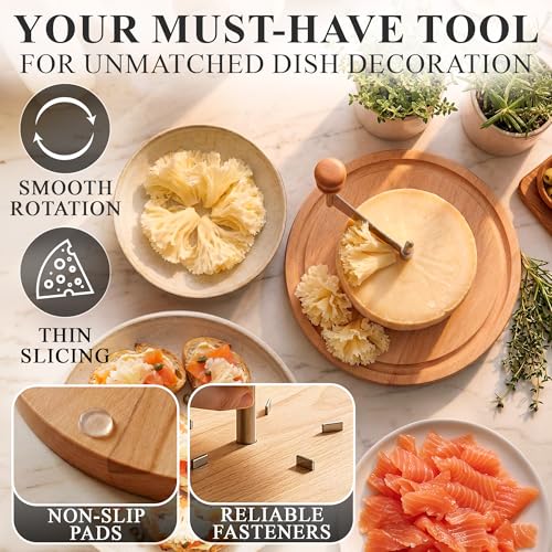 Cheese Curler Wheel for Tete de Moine Cheese Curls - Cheese Shaver Tool with Stainless Steel Blade, Silicone Non-Slip Pads on Wooden Base for Decorative Home and Tableside Serving on Cheese Boards