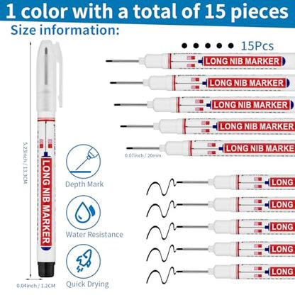 15 PCS Long Head Deep Hole Marker Pens,20mm Long Nib Marker,Longs Nose Markers,Waterproof Construction Markers Marking Tool,Permanent Markers Carpenter Ink marker Pens,Metal marking Pens,Black - color: 15PCS-20MM Black