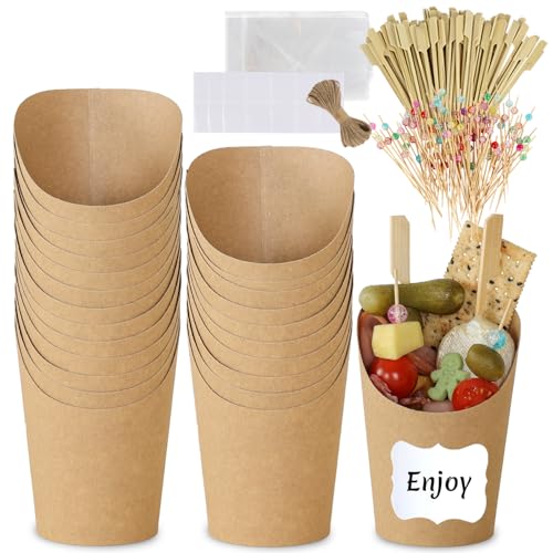 50 Pack 14oz Charcuterie Cups with Sticks and Bags, Brown Paper Charcuterie Cup, 200 Picks+50 Bags+50 Labels, Disposable Snack Cups for Parties, Weddings, Picnics, Appetizers & French Fries - color: Brown(14oz), size: 50 Cups + 200 Sticks + 50 Bags + 50 L