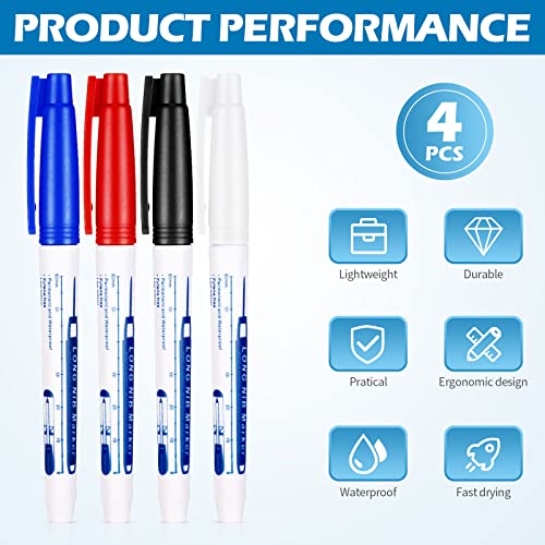 Gersoniel 4 Pcs Long Nib Marker 30 mm Deep Reach Markers Long Nose Waterproof Deep Hole Marker Carpenter Ink Reach Permanent Pens for Men Father Day Gift Carpenters Construction Builders 4 Colors