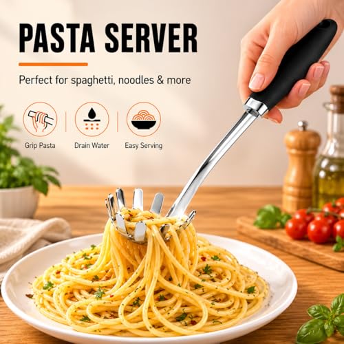 Stainless Steel Pasta Spoon, Spaghetti Server with Teeth, Metal Pasta Fork for Noodles, Linguine, Fettuccine and Macaroni, Dishwasher Safe - color: B-Silver Pasta