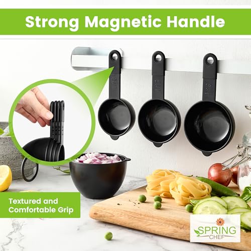 Spring Chef Magnetic Measuring Cups and Spoons Set of 9, Nesting Kitchen Tool with Easy to Read Markings for Measuring Dry or Liquid Ingredient, BPA Free, Black - color: Black