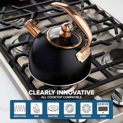 Viking 3-Ply Stainless Steel Tea Kettle, 2.6 Quart Stovetop Hot Water Pot with Tempered Glass Lid, Ergonomic Handle, Induction Ready, Matte Black and Copper - color: Matte Black and Copper