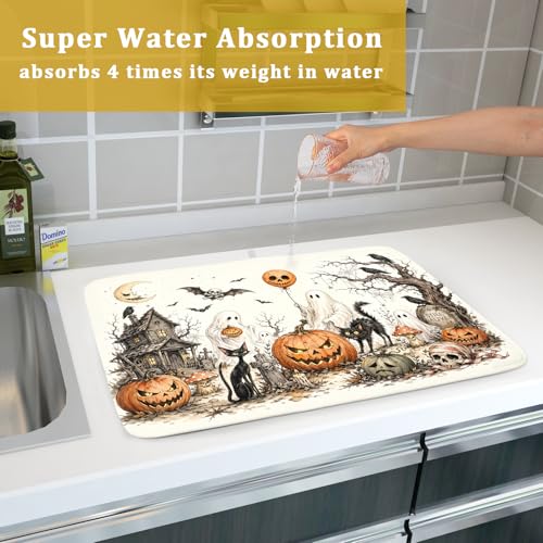 Giwawa Halloween Pumpkin Ghost Dish Drying Mat Black Cat Microfiber Dishes Pad 18x24 Inch Holiday Dish Drainer Rack Mats for Kitchen Counter Sink - color: Pumpkin Ghost, size: 18x24 inch