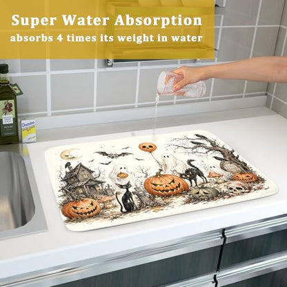 Giwawa Halloween Pumpkin Ghost Dish Drying Mat Black Cat Microfiber Dishes Pad 18x24 Inch Holiday Dish Drainer Rack Mats for Kitchen Counter Sink - color: Pumpkin Ghost, size: 18x24 inch