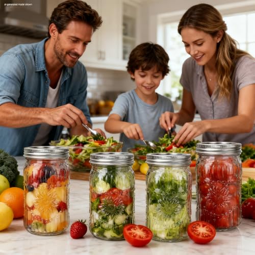 CycleMore 6 Pack 32oz Glass Mason Jars with Silver Two-Piece Lids - Wide Mouth Jars, 1 Quart Canning Jars With Sunflower Print for Preserving, Decor & Storage - size: SunFlower - 32oz - 6 Pack
