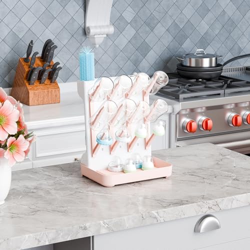 SuoXing Baby Bottle Drying Rack Space Saving,BPA Free Countertop Vertical Bottle Rack Dryer & Holder for Baby,Large Baby Bottle Station Organizer and Stand for Brushes,Pacifiers,Breast Pump,Dish,Pink - color: Pink
