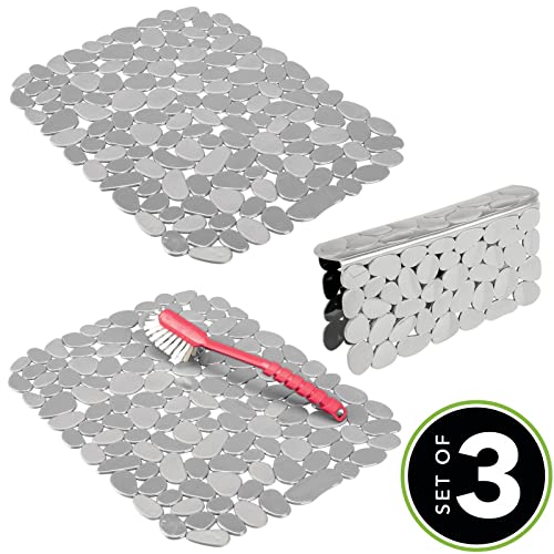 mDesign Adjustable Kitchen Sink Dish Drying Mat/Grid - Soft Plastic Sink Protector, Cushions Sink, Dishes - Quick Draining Pebble Design - Includes 1 Saddle, 2 Large Mats - Set of 3 - Light Gray Stone - color: Light Grey