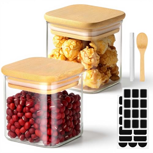 Square Glass Jars with Bamboo Lids Set of 2, 4 Fl.oz Small Glass Spice Jars with Airtight Lid, Stackable Sugar Coffee Containers Clear Food Storage Canister for Loose Tea, Jam, Seasoning - color: 2 Pack, size: 4 fl.oz