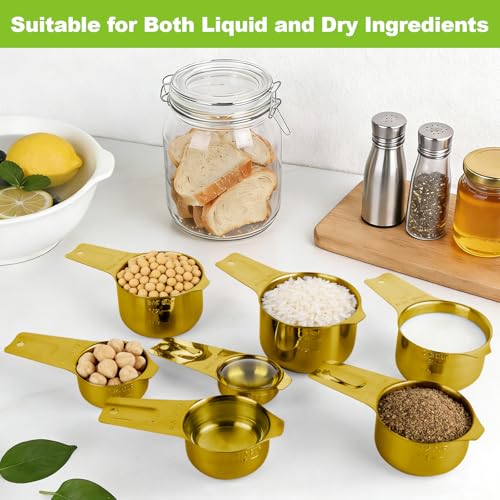 7 Pcs Gold Measuring Cups Stainless Steel, Nesting Metal Measuring Cups with Markings & Ring, Stackable Measure Cups Spoons Set for Cooking Baking Supplies, Kitchen Utensils for Dry Liquid Ingredients - color: Gold