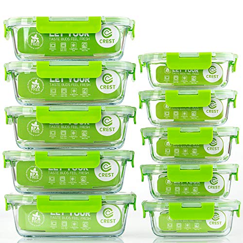 C CREST Glass Containers for Food Storage with Lids, [10-Pack] Meal Prep Containers for Kitchen, Home Use, BPA Free - color: Green