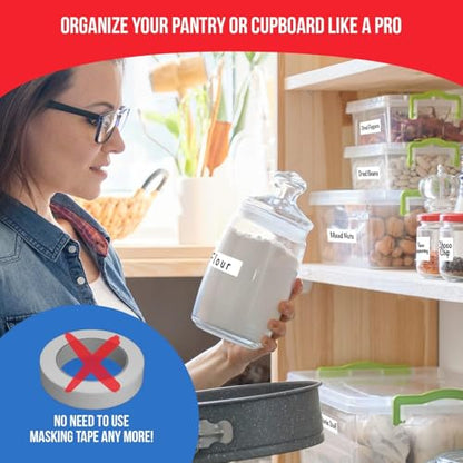 MESS Removable Food Labels for Containers (96-Pack) 1x3" & 1.5" Erasable Kitchen Labels for Organizing, Freezer & Fridge, White Dry Erase Labels for Jars | Freezer and fridge safe, waterproof, wipe clean with marker, no residue, reusable, pantry jars, spi