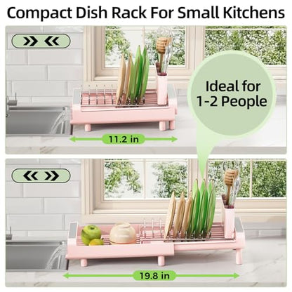 TOOLF Small Dish Drying Rack, Mini Expandable Compact Dish Rack, Slim Extendable Stainless Steel Dish Drainer for Kitchen Plate Storage, Space Saving Dish Strainer in Sink or on Home Countertop, Pink - color: Pink