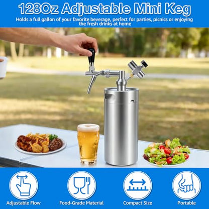 128oz Stainless Steel Mini Keg Growler Portable Kegerator, Adjustable Pressurized Mini Kegerator for Homebrew, Beer Growler Tap System for Craft Beer Cider and Kombucha