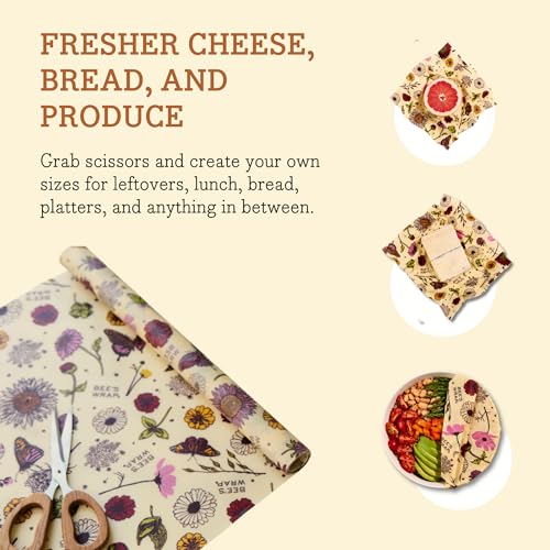 Bee's Wrap Vegan Beeswax Wraps for Food - Cut to Size 14x52" Beeswax Wrap Roll - Plastic Free Made in USA Reusable Natural Food Wrap - Meadow Magic